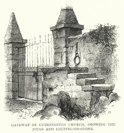 Gateway of Duddingston Church, showing the Jougs and Louping-on-Stone by English School