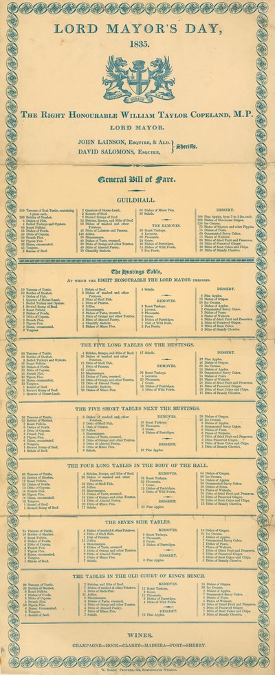 General Bill of Fare for Lord Mayor
