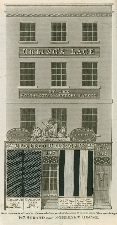 George Frederick Urling & Co, lace sellers, 147 Strand, near Somerset House, London by English School