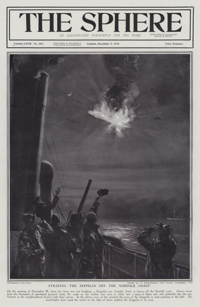 German Zeppelin airship shot down in flames off the coast of Norfolk, World War I, 28 November 1916 by English School