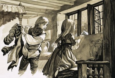 Girl and Boy Looking Out into the Snow by English School
