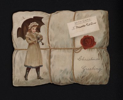 Girl Carrying an Umbrella on the Wrapping of a Parcel, Christmas Greetings Card, Late 19th or Early 20th Century by English School