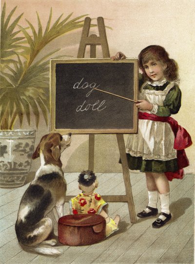 Girl Educating Dog and Doll by English School