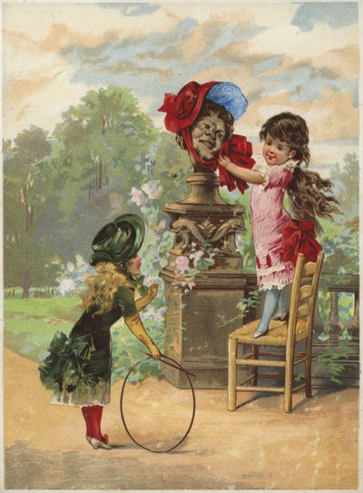 Girl Putting Bonnet on Statue; Another Girl with Hoop by English School