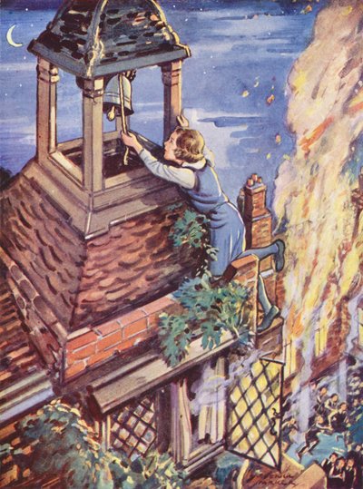 Girl sounding the alarm bell to warn of a fire by English School