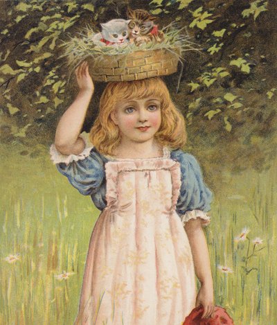 Girl with Playful Kittens in a Basket by English School