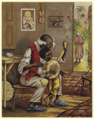 Grandfather Teaching a Child to Play the Banjo by English School