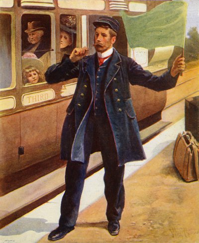 Guard blowing his whistle as the train is about to depart by English School