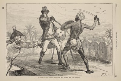 Hand-to-hand combat between Mr. Shore and the Goojur, illustration from Cassell