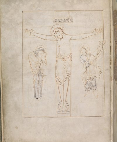 The Crucifixion; with the Virgin, and St. John inscribing his testimony on a scroll, from the Ramsey Psalter, c.900-1000 by English School