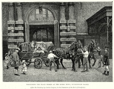 Harnessing the Black Horses at the Royal Mews, Buckingham Palace by English School