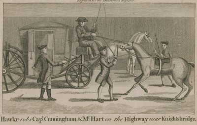 Hawke robs Captain Cunningham and Mr Hart on the highway near Knightsbridge by English School