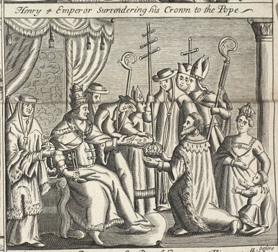 Henry 4 Emperor surrendering his crown to the Pope, illustration from Acts and Monuments by John Foxe, ninth edition, pub. 1684 by English School