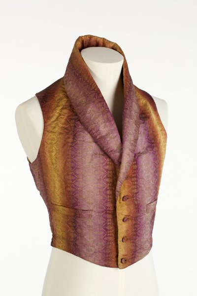 High-collared waistcoat with woven vertical stripes in fading colours of purple, bronze and yellow, c.1840 by English School