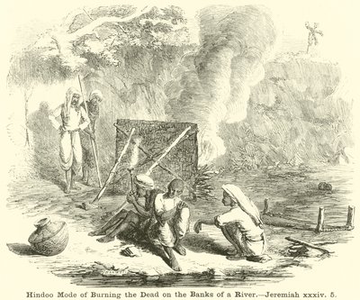Hindoo Mode of Burning the Dead on the Banks of a River by English School