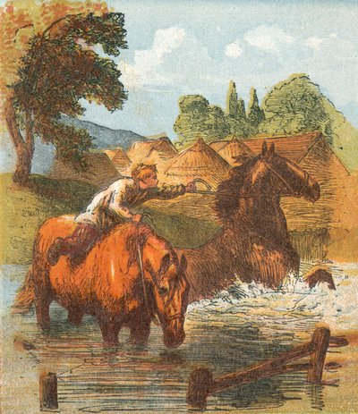 Horses Drinking in a Pond by English School