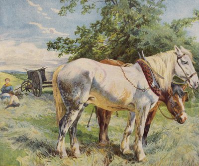 Horses Taking a Break from Work on a Farm by English School