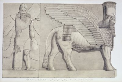 Human-headed Bull and winged figure from a gateway on the wall surrounding Koujunjik (plate 3) from Nineveh and its Remains by Austen Henry Layard published 1849 by English School