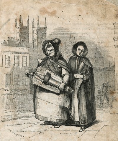 Hurdy gurdy being carried by mother and daughter by English School