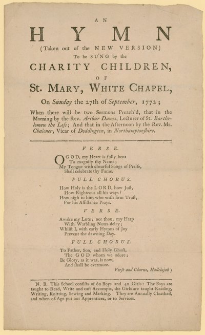 Hymn to be Sung by the Charity Children of St Mary by English School