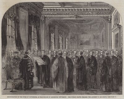 Inauguration of the Duke of Devonshire as Chancellor of Cambridge University, the Public Orator reading the Address to His Grace by English School