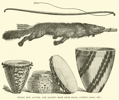 Indian bow, quiver, and baskets made from grass, Cyperus root, etc by English School
