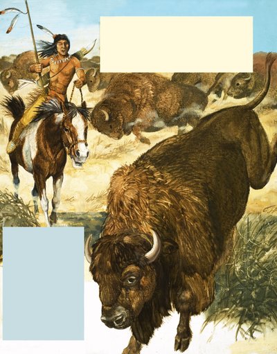 Indian chasing down a buffalo by English School