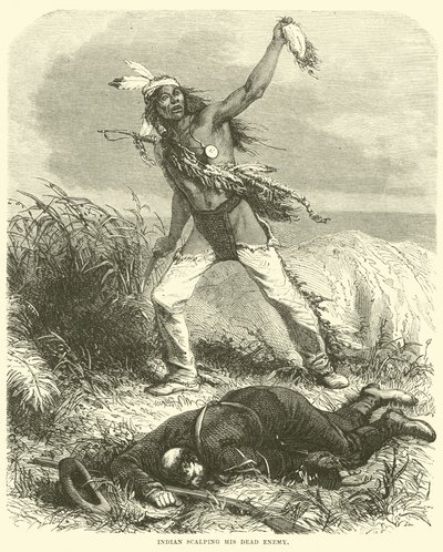 Indian scalping his dead enemy by English School