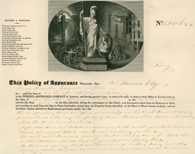 Insurance policy for the Phoenix Assurance Company, London by English School