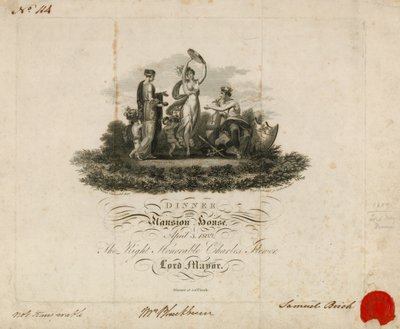 Invitation to the Lord Mayors Dinner at the Mansion House, London, 3 April 1809 by English School