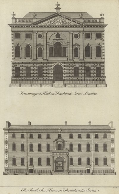Ironmongers Hall, Fenchurch Street and the South Sea House, Threadneedle Street, London by English School