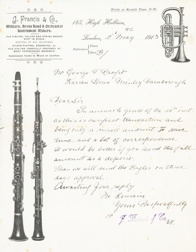 J Francis & Co, Military, Brass Band and Orchestral Instrument Makers by English School
