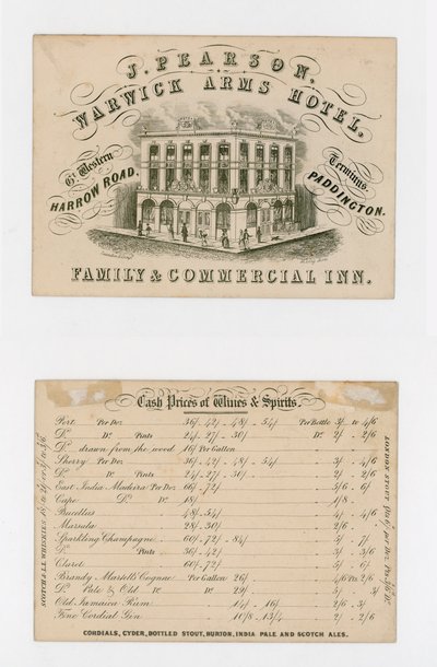 J Pearson, Warwick Arms Hotel, Trade Card by English School
