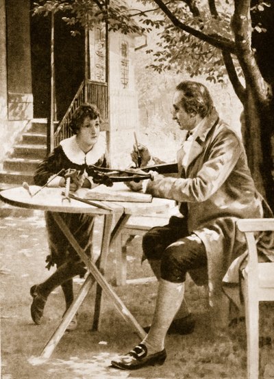 Johann Wolfgang von Goethe instructing his son, August, how to shoot with a cross-bow by English School