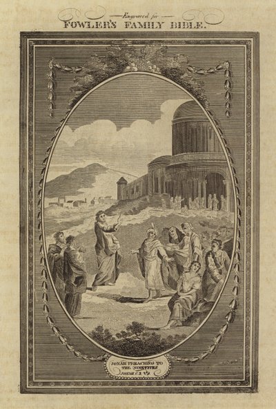 Jonah preaching to the Ninevites, Jonah, Chapter 3, Verse 4 by English School