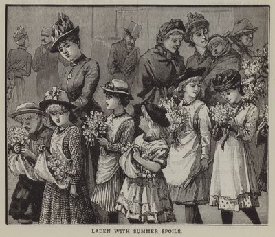 Laden with summer spoils: a group of city children after a summer trip to the countryside by English School