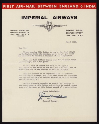Launch of the First Air-Mail Service Between England and India by Imperial Airways in March 1929 by English School