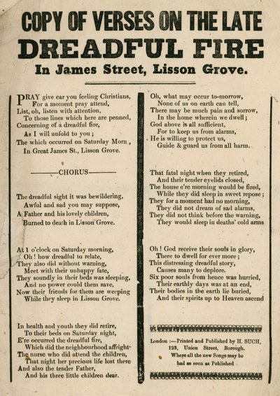 Leaflet with verse relating to a fire in James Street, Lisson Grove, London by English School