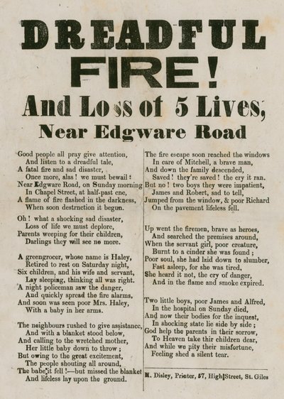 Leaflet with verse relating to a fire near Edgware Road, London by English School