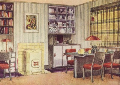Living-room with Dining Area and Solid Fuel Fire by English School