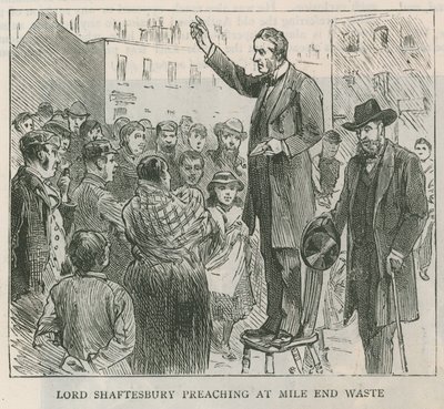 Lord Shaftesbury preaching at Mile End Waste, London by English School