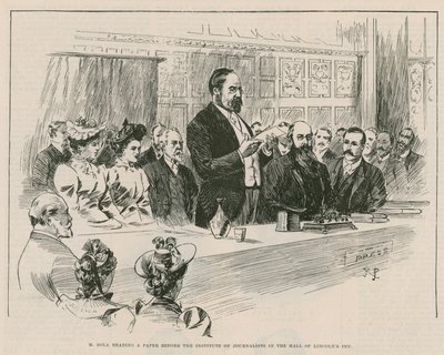 M Emile Zola reading a paper before the Institute of Journalists in the hall of Lincolns Inn, London by English School