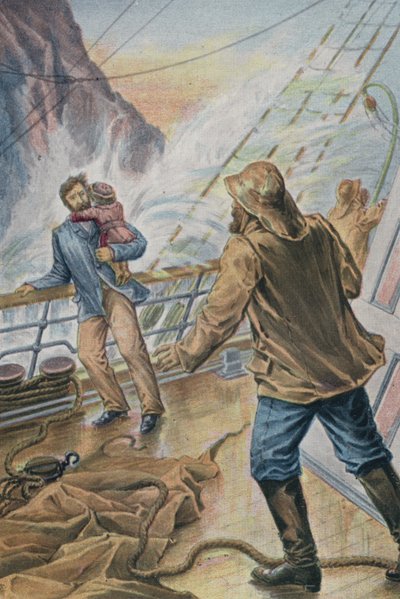 Man carrying a child and holding onto the rail of a ship in a storm by English School