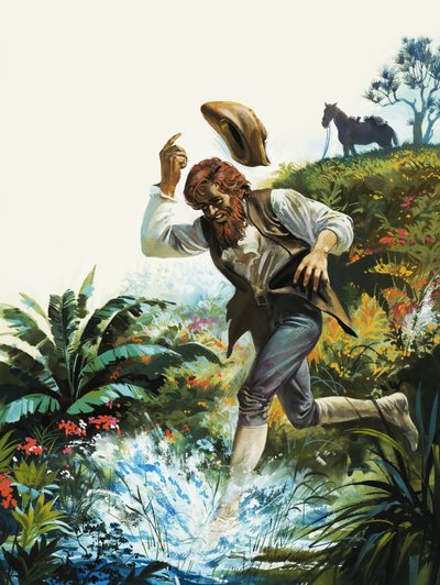 Man running into a stream by English School