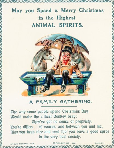 Man Sitting in Water Trough Holding Umbrella with Two Donkeys by English School