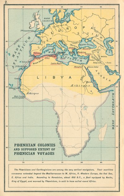 Map: Phoenician Colonies and Supposed Extent of Phoenician Voyages by English School