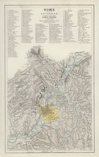 Map: Rome, with its Environs, according to the Survey of Baron Moltke, in 1845 and 1846, drawn by Augustus Petermann by English School