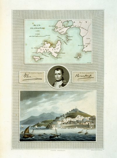 Map of Elba and View of Porto Ferraio with Portrait of Napoleon and Facsimile of his Signature, 1815 by English School