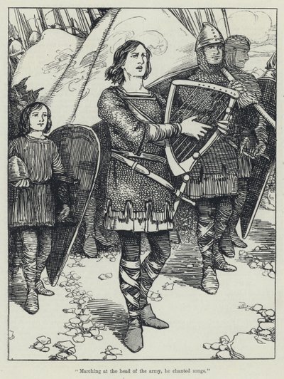 Marching at the head of the army, he chanted songs by English School