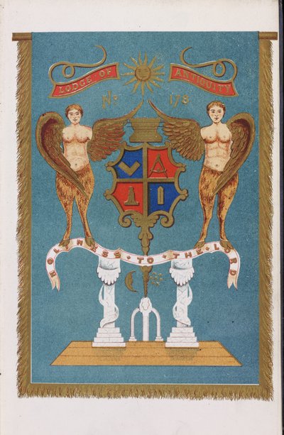 Masonic lodge emblem showing coat of arms with angels by English School